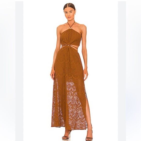 Jonathan Simkhai Georgiana Halter Maxi Dress 
Brown Lace crochet Revolve L - Picture 1 of 14